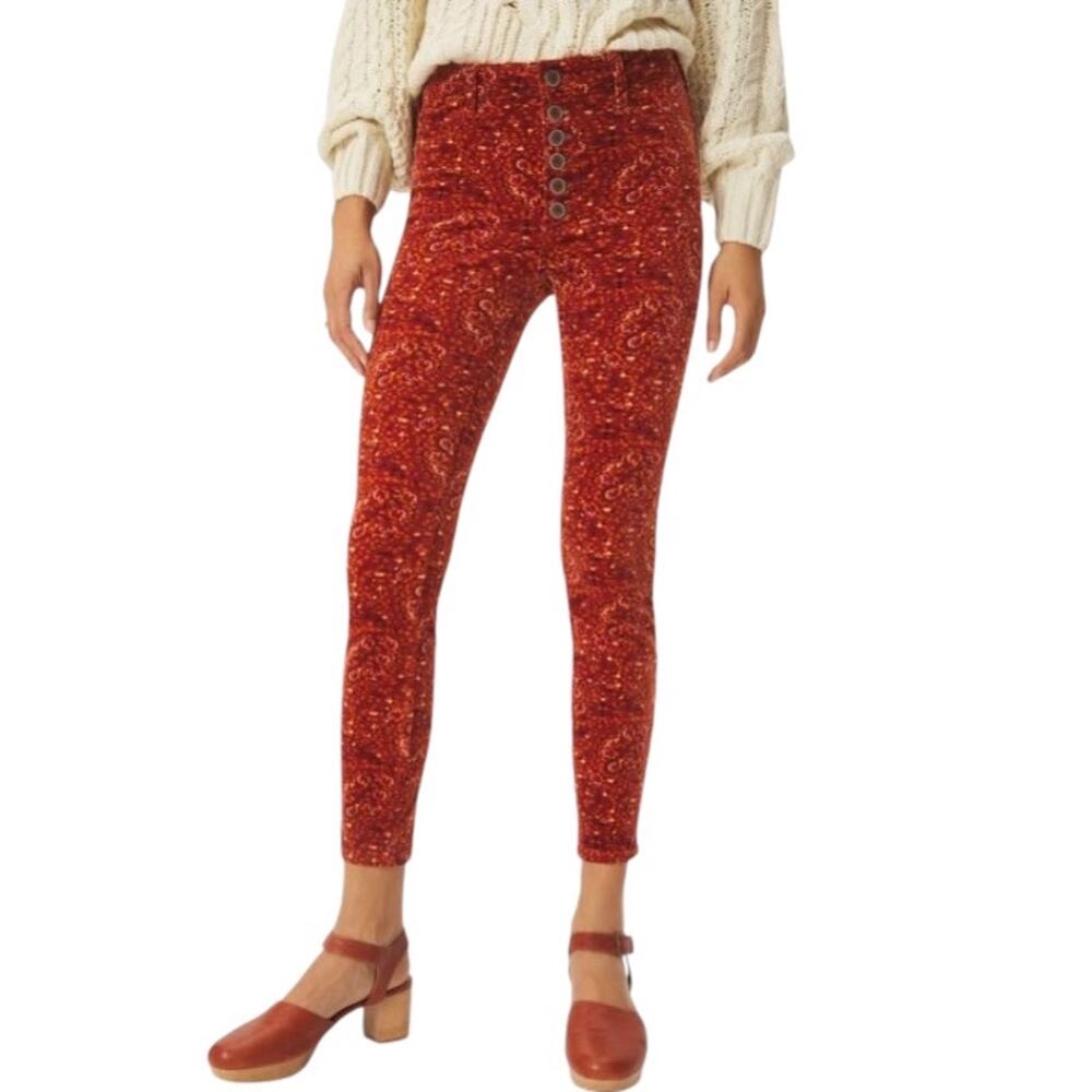 🔥 Anthropologie Pilcro High Rise Button Fly Skinny Corduroy Pants Orange Motif 2